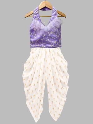 Lavender & offwhite embriodered polyester top with dhoti ethnic wear 1
