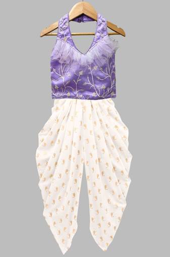 Lavender & offwhite embriodered polyester top with dhoti ethnic wear