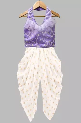 Lavender & offwhite embriodered polyester top with dhoti ethnic wear