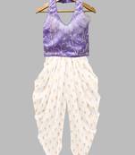 Lavender & offwhite embriodered polyester top with dhoti ethnic wear