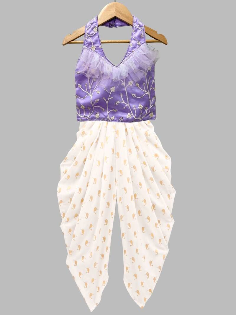 Lavender & offwhite embriodered polyester top with dhoti ethnic wear