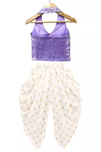 Lavender & offwhite embriodered polyester top with dhoti ethnic wear
