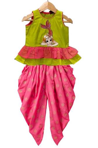 Limegreen & coral  placement print cotton top with dhoti ethnic wear