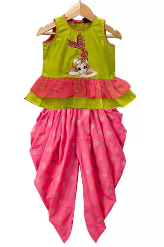 Limegreen & coral  placement print cotton top with dhoti ethnic wear