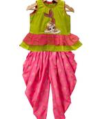 Limegreen & coral  placement print cotton top with dhoti ethnic wear