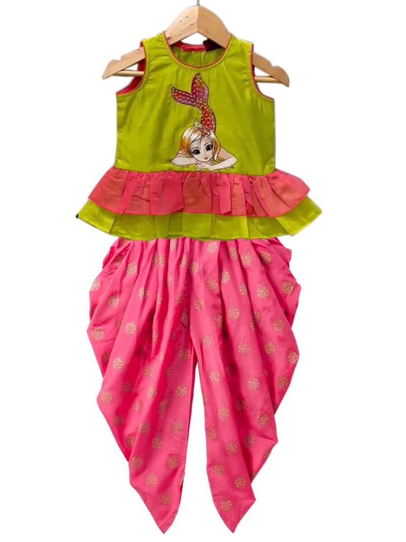 Limegreen & coral  placement print cotton top with dhoti ethnic wear