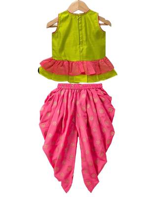Limegreen & coral  placement print cotton top with dhoti ethnic wear 2