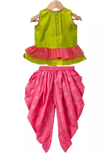 Limegreen & coral  placement print cotton top with dhoti ethnic wear