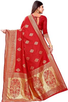 red silk blend banarasi saree with unstitched blouse piece 2