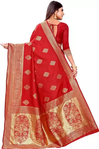 red silk blend banarasi saree with unstitched blouse piece