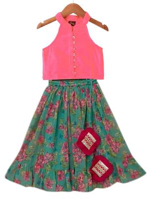 Coral  & seagreen solid chanderi  top with  lehenga ethnic wear 1