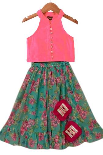 Coral  & seagreen solid chanderi  top with  lehenga ethnic wear