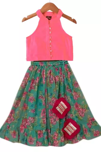 Coral  & seagreen solid chanderi  top with  lehenga ethnic wear