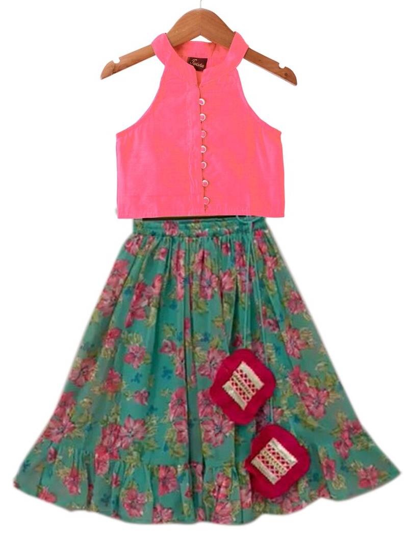 Coral  & seagreen solid chanderi  top with  lehenga ethnic wear