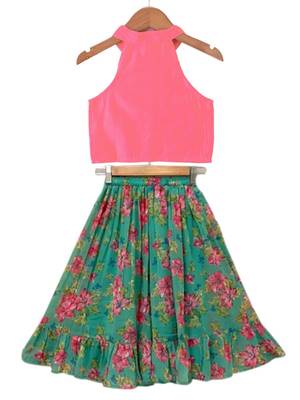 Coral  & seagreen solid chanderi  top with  lehenga ethnic wear 2