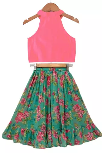 Coral  & seagreen solid chanderi  top with  lehenga ethnic wear