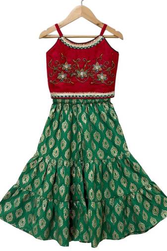 Red & green placement embroidered polyester top with  sharara ethnic wear