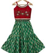 Red & green placement embroidered polyester top with  sharara ethnic wear