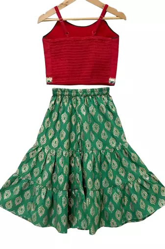 Red & green placement embroidered polyester top with  sharara ethnic wear