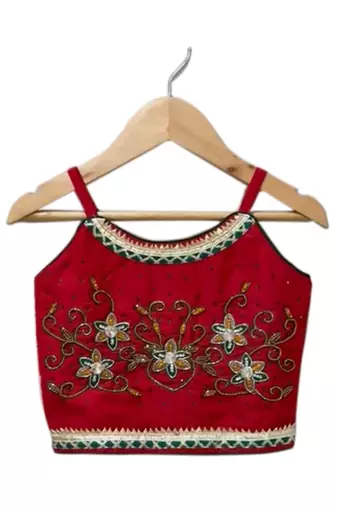 Red & green placement embroidered polyester top with  sharara ethnic wear