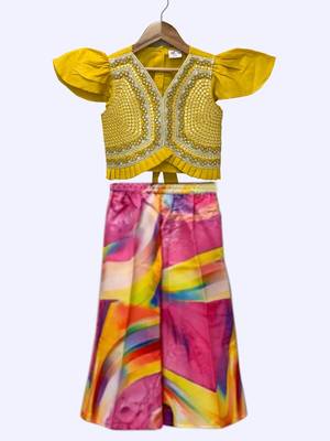 Yellow & multicolour embellished polyester  top with palazzo ethnic wear 1