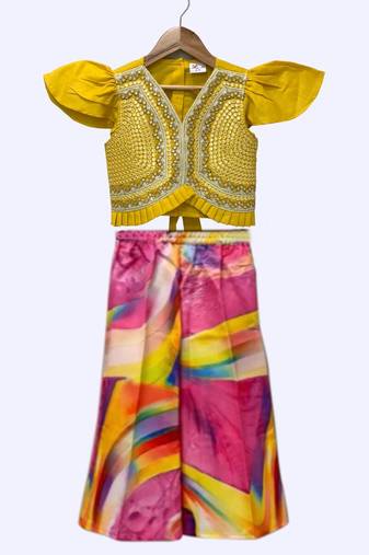 Yellow & multicolour embellished polyester  top with palazzo ethnic wear