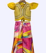 Yellow & multicolour embellished polyester  top with palazzo ethnic wear