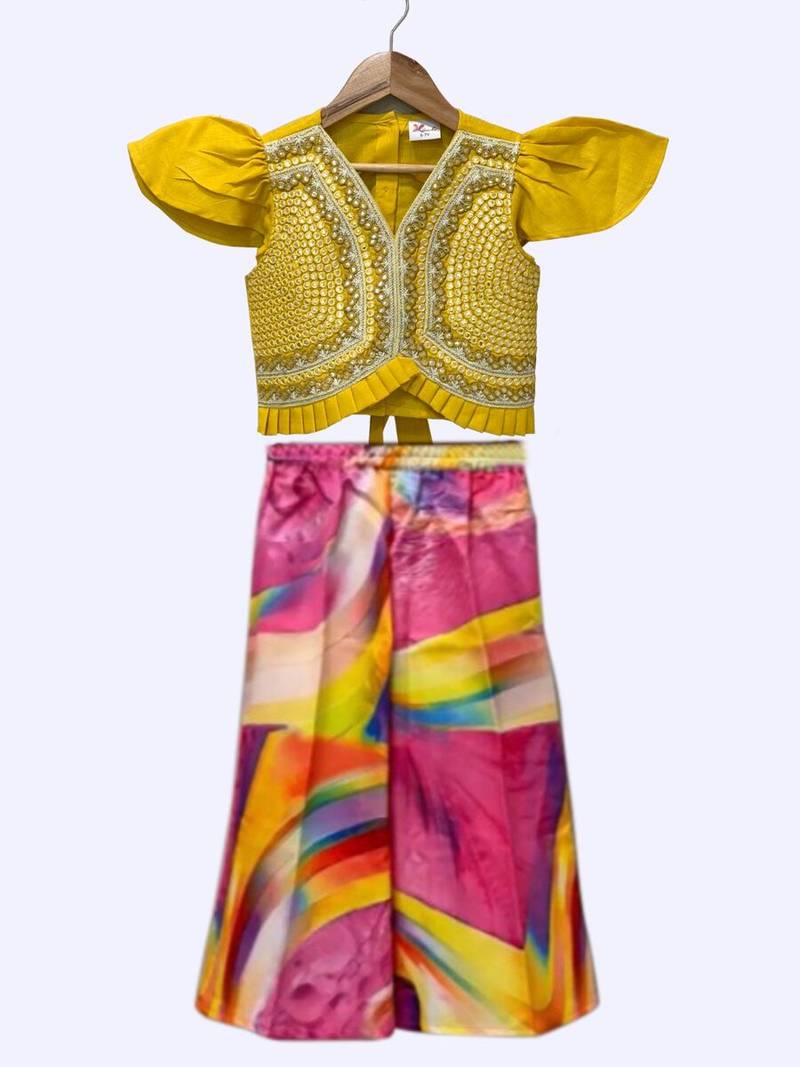 Yellow & multicolour embellished polyester  top with palazzo ethnic wear