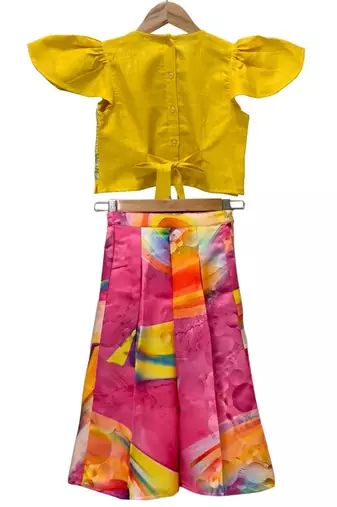 Yellow & multicolour embellished polyester  top with palazzo ethnic wear