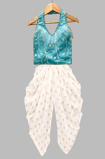 Firozi & offwhite embriodered polyester top with dhoti ethnic wear