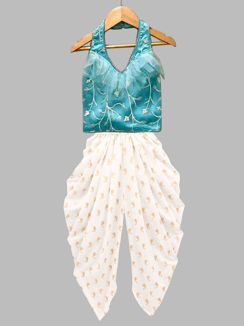 Firozi & offwhite embriodered polyester top with dhoti ethnic wear