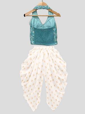 Firozi & offwhite embriodered polyester top with dhoti ethnic wear 2