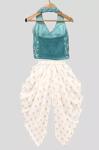 Firozi & offwhite embriodered polyester top with dhoti ethnic wear