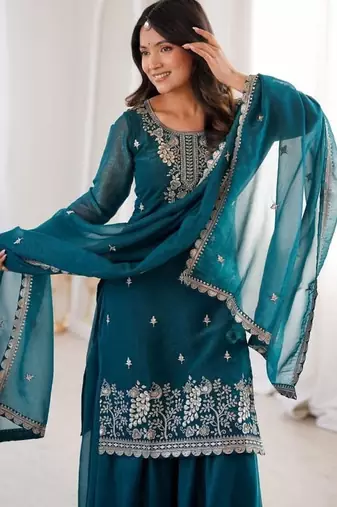 teal embroidered kurta set with dupatta