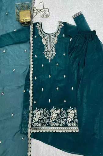 teal embroidered kurta set with dupatta
