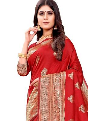 red silk blend banarasi saree with unstitched blouse piece 3