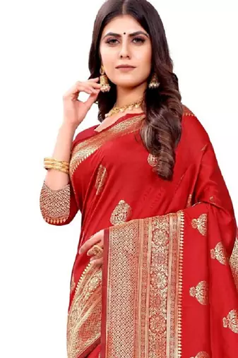 red silk blend banarasi saree with unstitched blouse piece