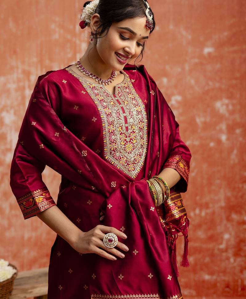 Maroon women kurta pant dupatta set
