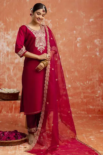 Maroon women kurta pant dupatta set