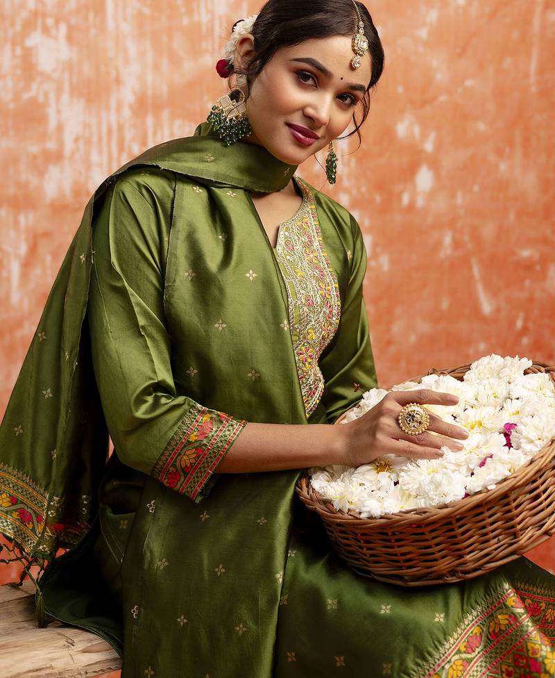 Green women kurta pant dupatta set