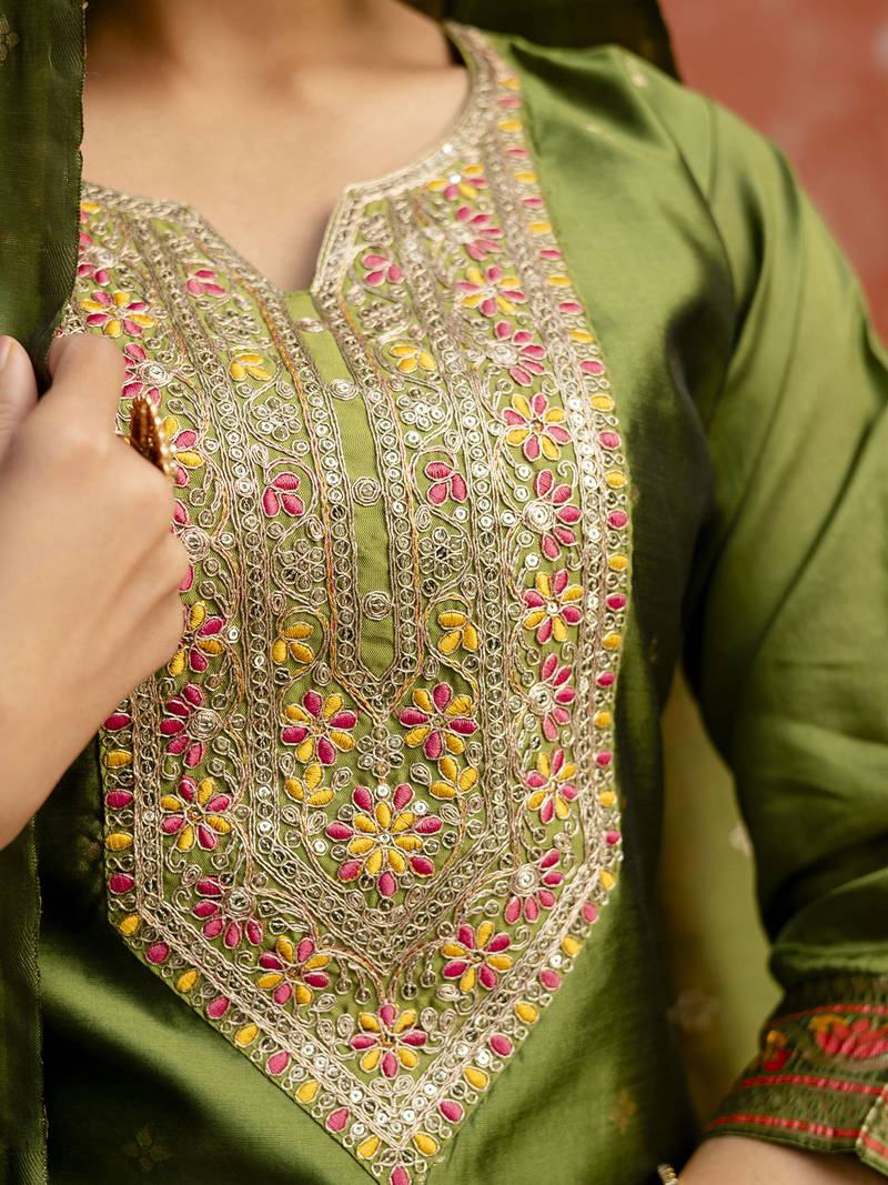 Green women kurta pant dupatta set