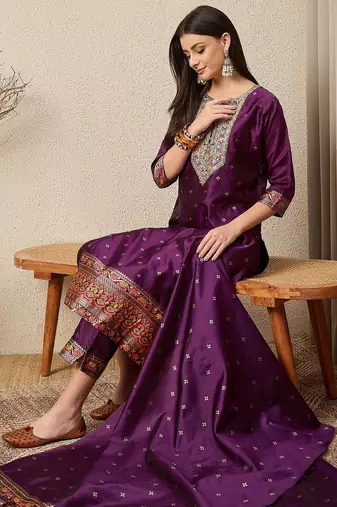 Purple women kurta pant dupatta set