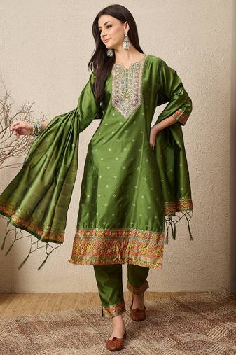Green women kurta pant dupatta set