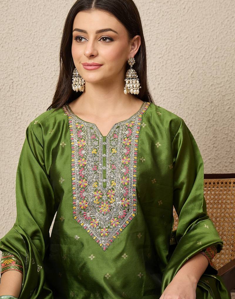 Green women kurta pant dupatta set