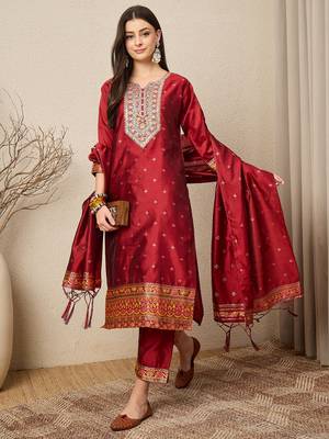 Maroon women kurta pant dupatta set 1