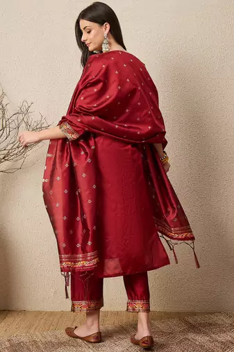 Maroon women kurta pant dupatta set