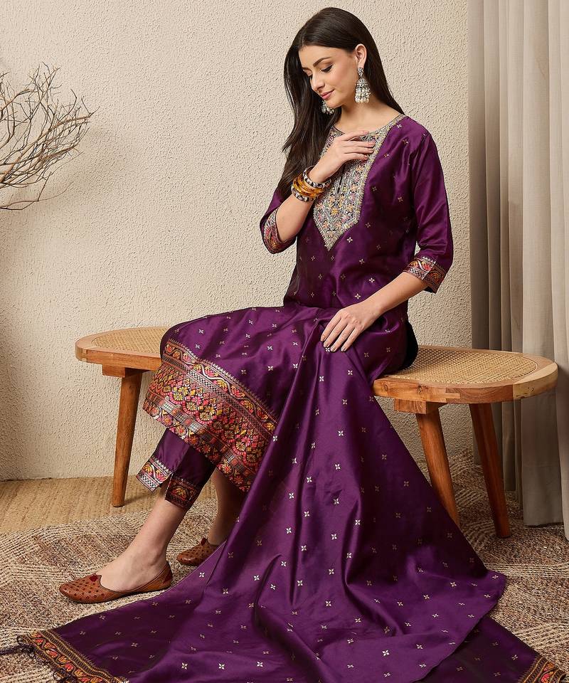 Purple women kurta pant dupatta set