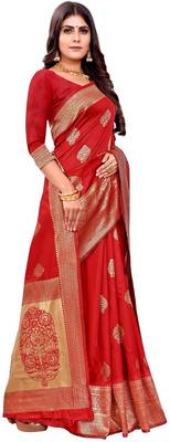red silk blend banarasi saree with unstitched blouse piece 4