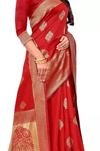 red silk blend banarasi saree with unstitched blouse piece