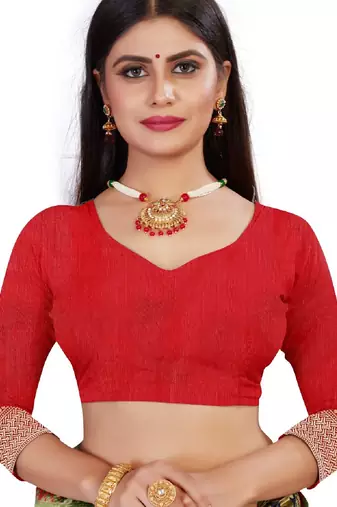 red silk blend banarasi saree with unstitched blouse piece